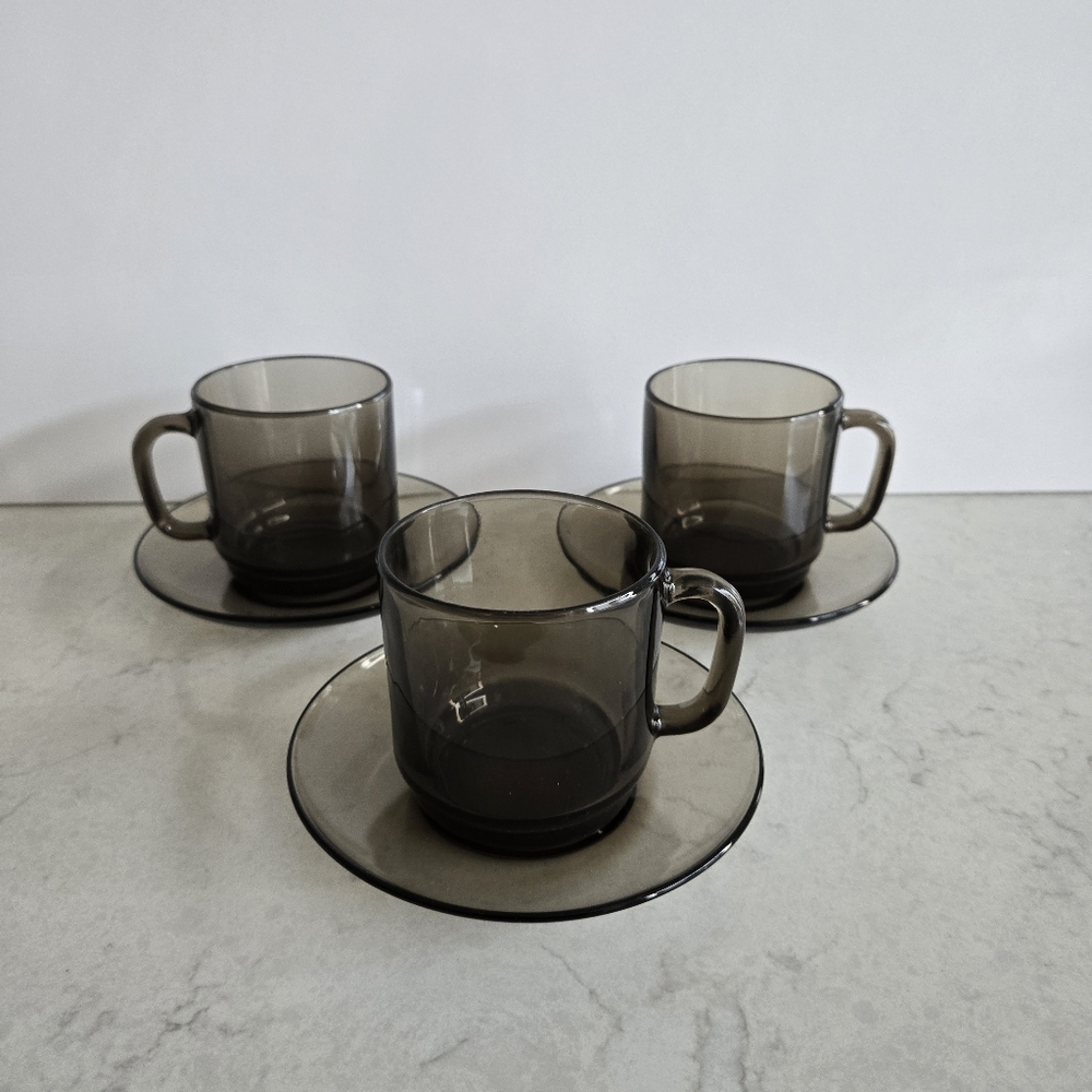 Vintage Duralex Set of 3 Smoked Glass Cup & Saucer Made In Spain